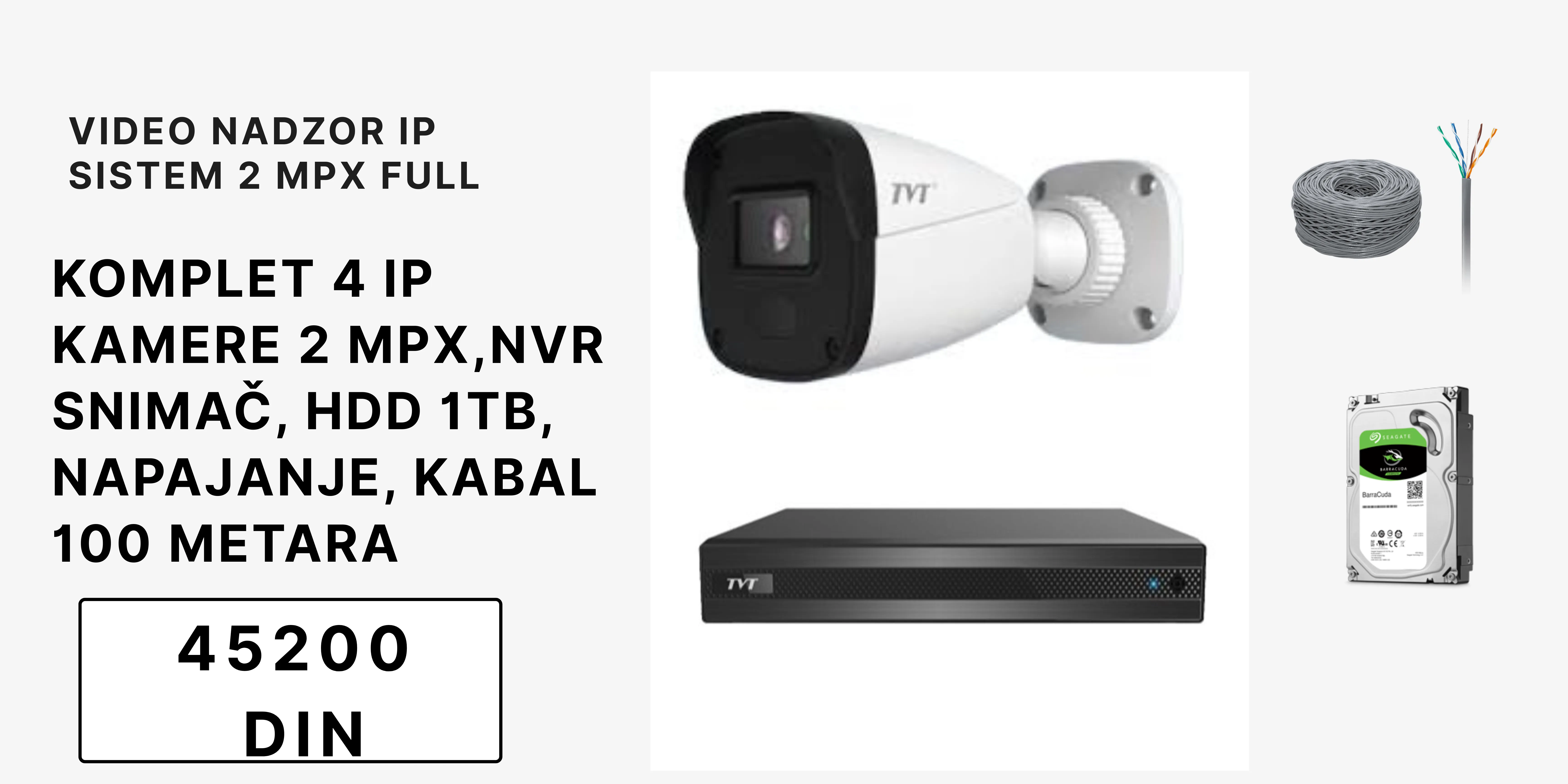 tvt komplet videonadzora 4 ip kamere 2mpx